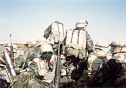 Weapons Platoon, Bravo Company in the Gulf War Mortar Section, Weapons Platoon, B Company, 1st Battalion, 3d Marines in the Gulf War, February 1991.jpg