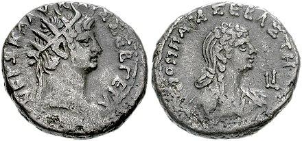 Coin of Nero and Poppaea Sabina Billon tetradrachm of Alexandria, Egypt, 25 mm, 12.51 gr. Obverse: radiate head right; ΝΕΡΩ. ΚΛΑΥ. ΚΑΙΣ. ΣΕΒ. ΓΕΡ. ΑΥ. Reverse: draped bust of Poppaea right; ΠΟΠΠΑΙΑ ΣΕΒΑΣΤΗ. Year LI = 10 = 63–64.