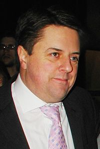 On taking over the party, Nick Griffin dropped its official espousal of the biological superiority of a Nordic race, instead emphasising the need for racial separatism to preserve global "ethno-pluralism". Nick Griffin.jpg