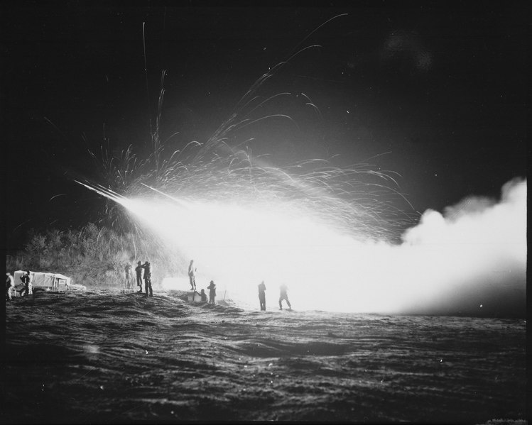 File:Night view of the First Rocket Battery, 11th Marine Regiment, firing a night mission, somewhere in the Marines front... - NARA - 532427.tif