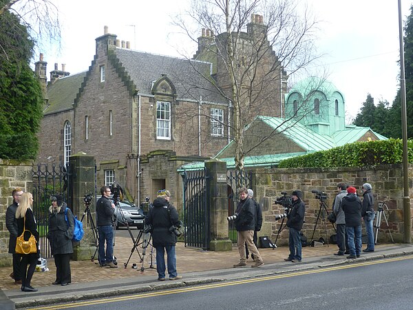 Reporters outside St Bennets, O'Brien's Edinburgh residence, on the day he resigned