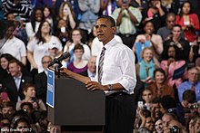 President Obama speaking at the Stroh Center.