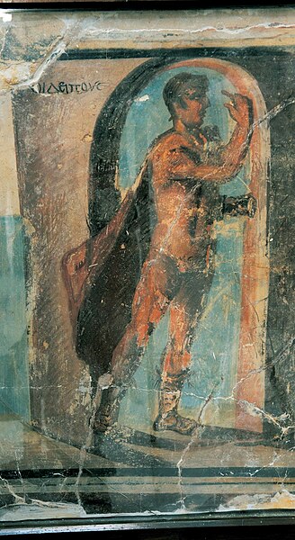 Detail of ancient fresco in which Oedipus solves the riddle of the Sphinx. Egyptian Museum, 2nd c. CE