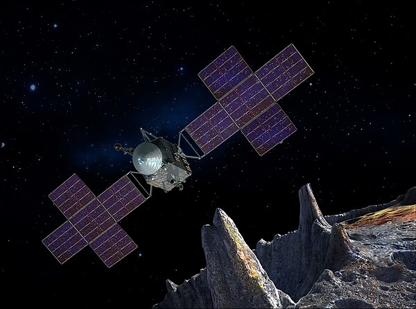 Artist's concept of the Psyche spacecraft orbiting asteroid Psyche