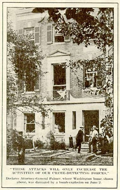 The house of Attorney General Palmer after being bombed by anarchists in 1919; Palmer was not injured, although his housekeeper was