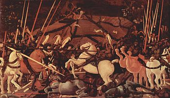  La défaite du camp siennois illustrée par la mise hors de combat de Bernardino della Ciarda, (~1456) détrempe sur bois de 3,23 × 1,80 m (Galerie des Offices, Florence)