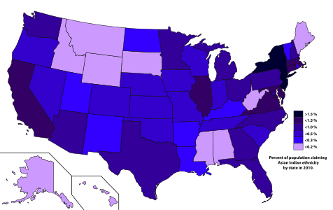 Percent of population claiming Asian Indian ethnicity by state in 2010