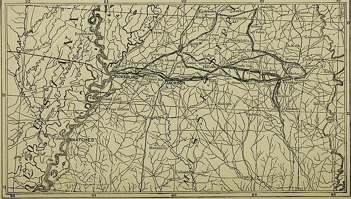 A map depicting the several routes connecting Jackson and Vicksburg, Mississippi, just east of the border with Louisiana, near Natches