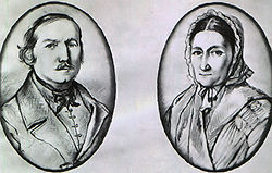 Fent: Petrovics István és Hrúz Mária 1845 körül. Orlai Petrich Soma fetménye. Lent: Petrovics István és Hrúz Mária. Orlai Petrich Soma rajza.