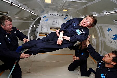 Physicist Stephen Hawking in an aircraft flying a parabolic trajectory to simulate zero gravity