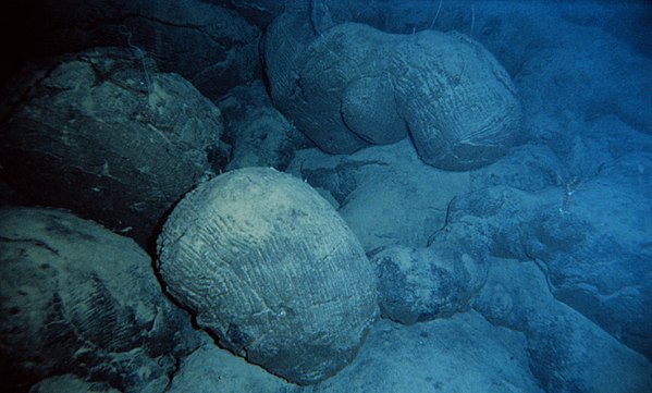 Pillow lava, a type of basalt flow that originates from lava-water interactions during submarine eruptions