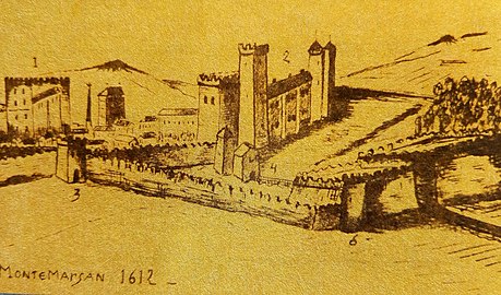 Plan réalisé en 1612. Légende : 1 : donjon Lacataye - 2 : Château de Nolibos - 3 : Porte d'Aire - 4 : Porte du Bourg-Neuf - 5 : Grande Tenaille - 6 : Bastion du Bourg