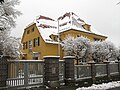 Villa sowie Baumreihe entlang der Einfriedung aus Kugelahorn und Einfriedung straßenseitig