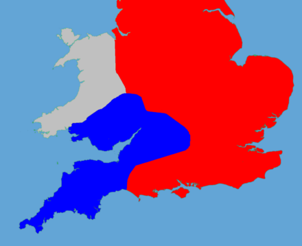 Political map of Wales and southern England in 1140; areas under Matilda's control (blue); Stephen's (red); Welsh (grey)