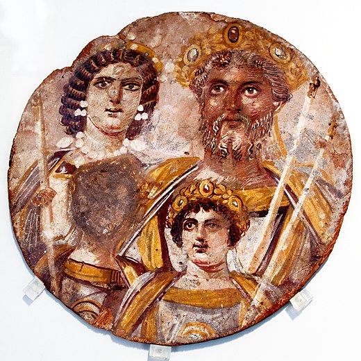 Septimus Severus met vrouw en zonen Caracalla en Geta (uitgeveegd) afgebeeld op een tondo.