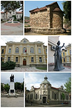 Prokuplje- collage of images: General Hospital, Latin Church, City Hall, Statue on the court building, Monument to World War I heroes, National museum of Toplica.