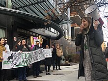 Illegally fired union organizer Erica Prather and union members protested for 3 days outside of Defenders of Wildlife's Washington, DC headquarters. The protest, in February of 2023, was part of an unfair labor practice picket. The NLRB found merit in three unfair labor practice charges, including Prather's termination. Protest outside Defenders DC office.jpg