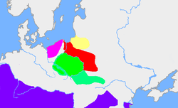 In the first half of the 3rd century, a Baltic culture, likely the Aesti occupied in the area in yellow. The Roman Empire is shown in purple, the red area represents the extent of the Wielbark culture, green the Przeworsk culture, and pink the Debczyn culture. Przeworsk2.PNG