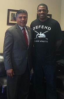 Rashad McCants, a member of the North Carolina basketball team that won the 2005 NCAA championship, received national attention for claiming to have had a substandard education at North Carolina. He met with Representative Tony Cardenas (left) to discuss NCAA reform issues. Rep. Tony Cardenas and Rashad McCants.jpg