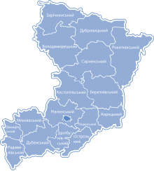 Raions of Rivne Oblast as of June 2020. The city of Rivne is shown in dark blue. Rivne regions.svg