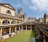 The Great Bath - the entire structure above the level of the pillar bases is a later reconstruction. Roman Baths in Bath Spa, England - July 2006.jpg