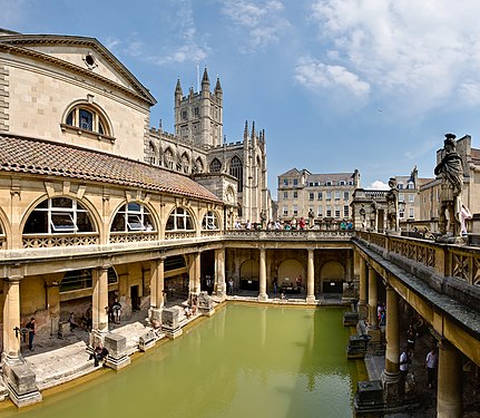 The Roman Baths (Thermae) of Bath Spa, England. Buildings on the site have been created and modified several times from circa 60–70 A.D. onward.