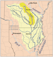 The Saline River empties into the Ouachita along the western county line Salinerivermap.png