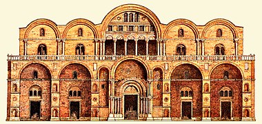 La basilique après la reconstruction de 976 - 1094, sans les ajouts du XIIIe siècle qui virent l’addition de nombreux spolia.