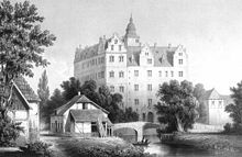 The water castle around 1840 (view of the north wing) Schloss Wolfsburg 1840.jpg