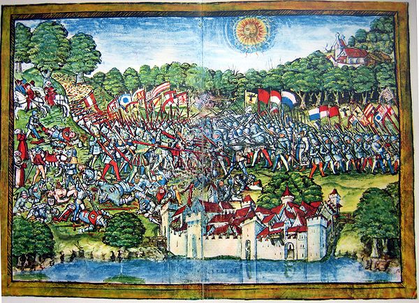Depiction of the Battle of Sempach in the Luzerner Schilling, showing a large pile of shoe-tips on a hill in the upper-left of the illustration (1513)