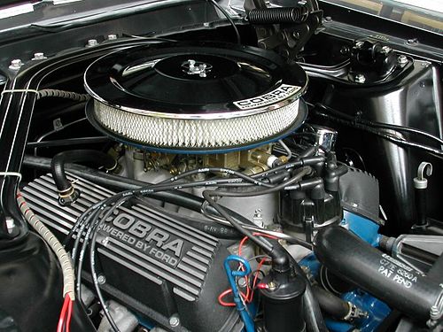 A Shelby Mustang Windsor V8 engine with "Cobra Powered by Ford" labeled rocker (valve) cover (lower left) Shelby Mustang GT350 engine.jpg