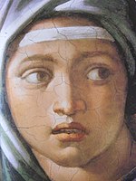 Detail van het gezicht, waar op ooghoogte nog steeds de geëtste sporen van de orthogonale trekken van het ovale hoofd te zien zijn.