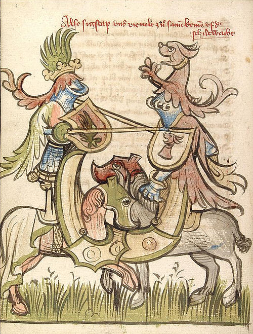 Depiction of a standing joust in an Alsatian manuscript of ca. 1420 (CPG 359); protection for the legs of the riders is integrated into the horse armo
