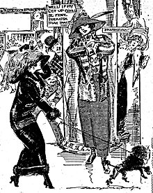 1911 sketch by American journalist Marguerite Martyn contrasts fashion designer Beatrice Farnham's alternative attire with that of a modern woman of that era. Sketch by Marguerite Martyn of Beatrice Farnham and woman with dog, 1911.jpg