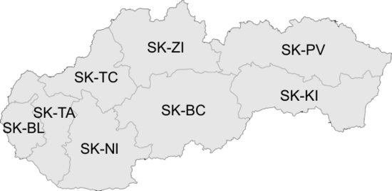 Map of Slovakia with each region labelled with its ISO 3166-2 code. SlovakiakrajeISO3166-2.png