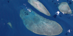 Landsat image of the South Ledge Reef.  The Tetley Islands can be seen in the lower center of the image as lighter dots.