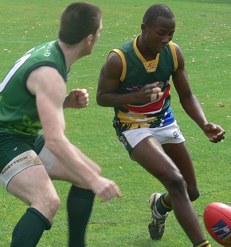 Players from the Irish national team and South African national team prepare to bump each other during the 2008 Australian Football International Cup. Both have elbows and shoulders tucked in to execute a legal bump. However, only the South African has "eyes for the ball". The Irish player, caught in a less advantageous position is instead "playing the man" and is attempting to take his opponent out. South africa ireland bump.jpg