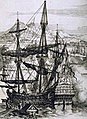 Un galion espagnol. Lope de Hoces embosse ses 18 navires au fond de la baie de Getaria qu'il pense à l'abri de l'escadre française.