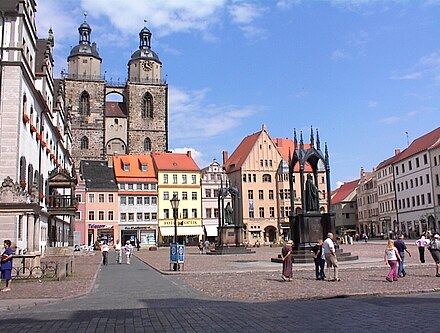 Wittenberg: town hall, Schlosskirche (All Saints' Church), monuments of Luther and Melanchthon