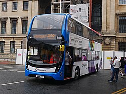 Stagecoach in Hull's 10734, a 2016 ADL Enviro400 MMC then recently revealed in 'Proud to Serve' livery, parked outside of Kingston upon Hull's Guildhall ahead of Pride in Hull 2022.