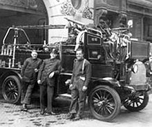 Early Engine, Wesley Williams at front of pumper wagon by Engine 55 quarters. Photo:New York City Fire Museum. SteamerWWilliamsOperator-1.jpg