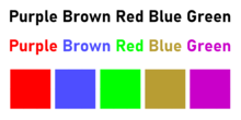 Examples of the three stimuli and colors used for each of the activities of the original Stroop article:
color words in black text
color words in incongruent colors
colored squares Stroop stimuli.png