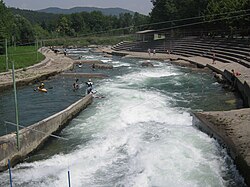 Looking down on the spillway drop from the covered bridge Tacen Whitewater Course 2.jpg