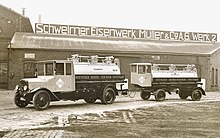 Lastkraftwagen Henschel mit Anhänger Ackermann nach Umbau zu Tankwagenzug durch Schwelmer Eisenwerk, ebendort, späte 1920er