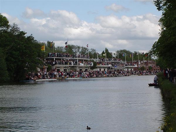 The scene at Boathouse Island during Eights Week 2005, crammed with spectators awaiting the next race.