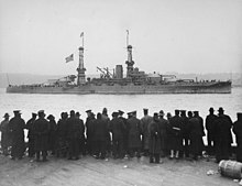 USS Arizona, the second member of the Pennsylvania class, which provided the basis for the New Mexico class The leader Arizona passing 96th Street Pier in great naval review at New York City. - NARA - 533700.jpg