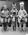 三個穿著傳統服裝包括直立式頭飾和標準戰帽的皮崗黑腳男子。
