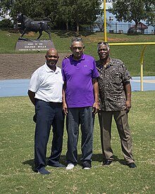 Tim Beamer (right) with two teammates from the 1969 CIAA national championship team, kicker Bernard Parker (left) and quarterback Elroy Duncan (center). Three Golden Bulls.jpg