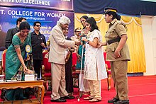 Tiffany Brar with former president of India Dr.A. P. J. Abdul Kalam during his visit in Government College for Women, Thiruvananthapuram Tiffany photo Abdul Kalam.jpg