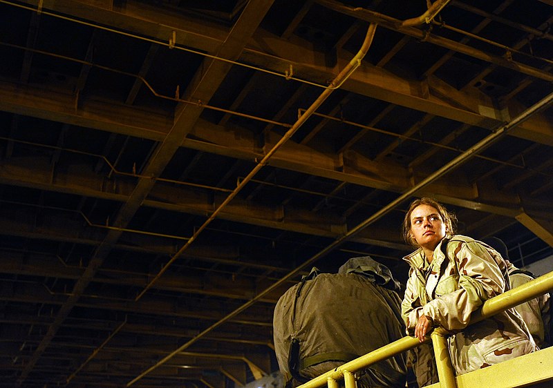 File:US Navy 090515-N-5345W-529 Construction Mechanic 2nd Class Heather Billings, assigned to Beach Master Unit 2 (BMU 2), watches from atop a Lighter Amphibious Resupply Cargo (LARC).jpg